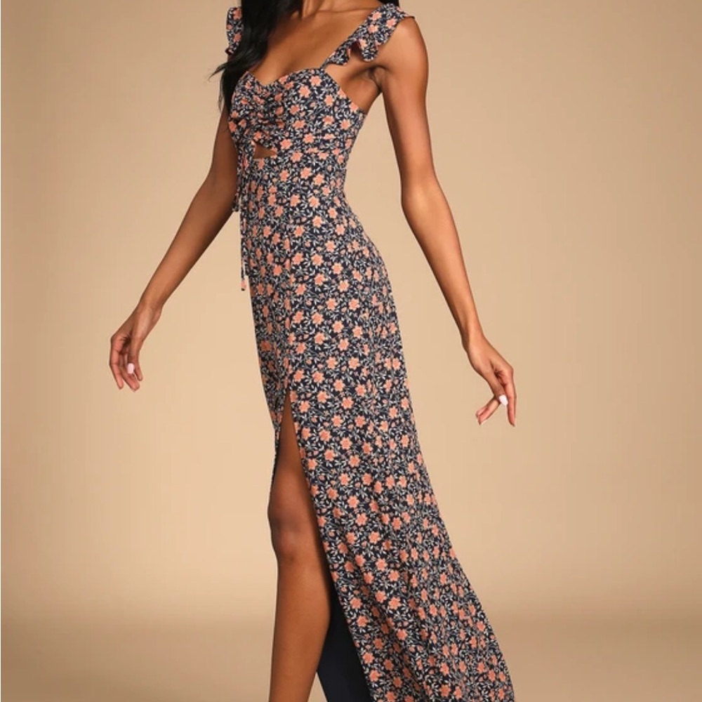 The Way to Love Navy Blue Floral Print Ruffled Maxi Dress